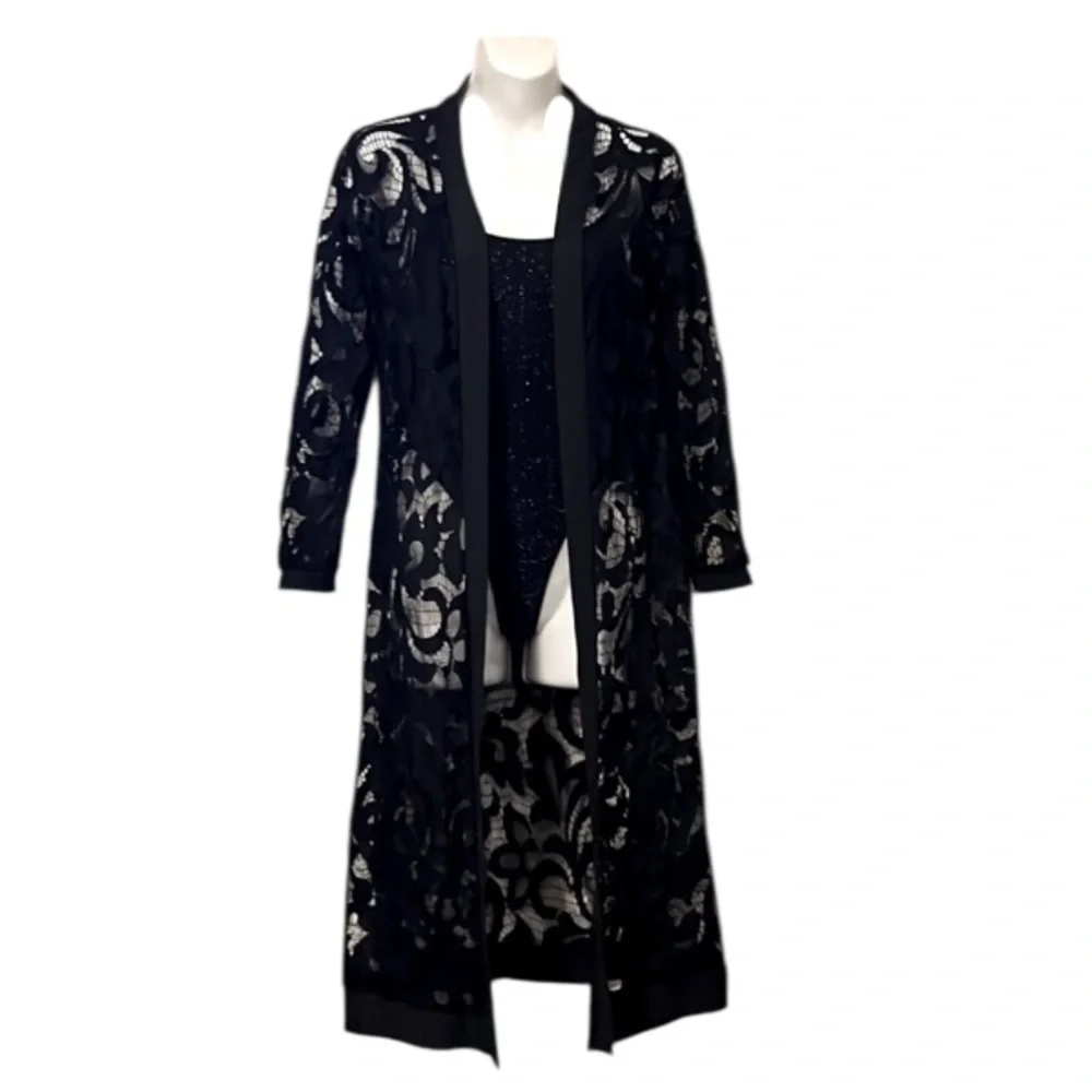 Black Lace  Sheer Whimsigoth Boho Pool Beach Midi Maxi Coverup Cardigan Duster S - Picture 2 of 7